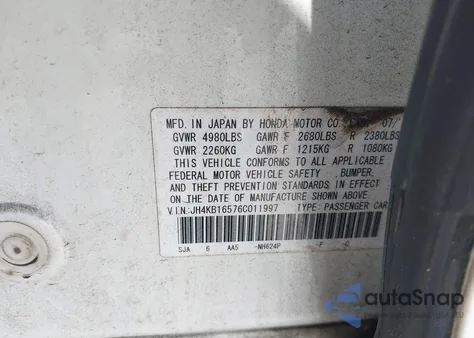 2006 Acura Rl 3.5 из США, поврежденный, VIN JH4KB16576C011997